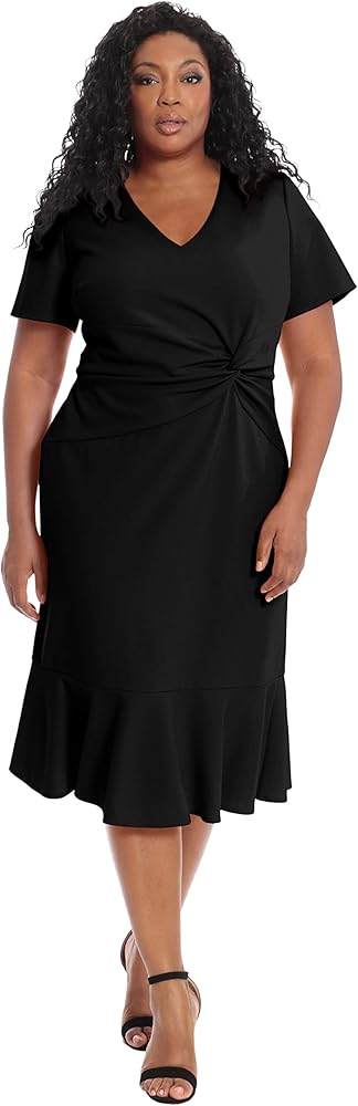 London Times Women's V-Neck Twist Midi with Flounce Black at